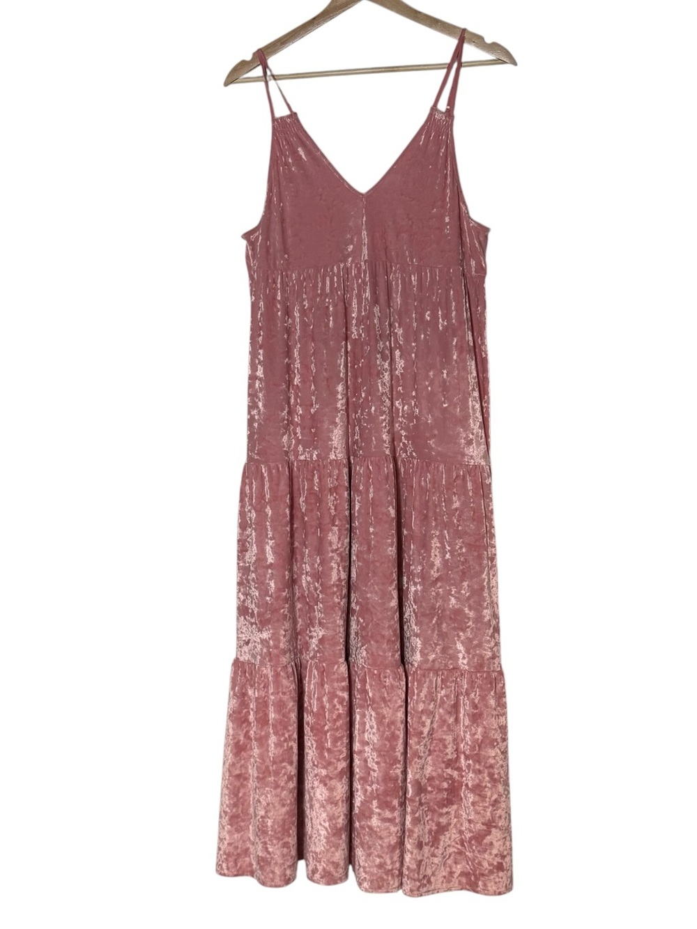 Aerie Crushed Velvet Pink Tiered Layered A-Line Maxi Dress Size M Sleeveless